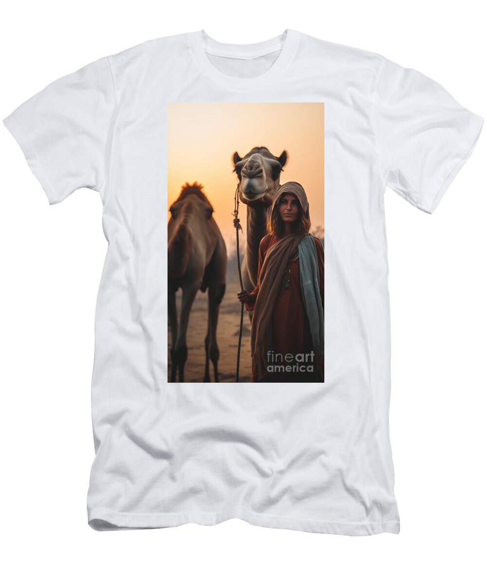 1 a Woman Standing Next to a Camelbohemiana Camel By Asar Studios Celestial Images T-Shirt