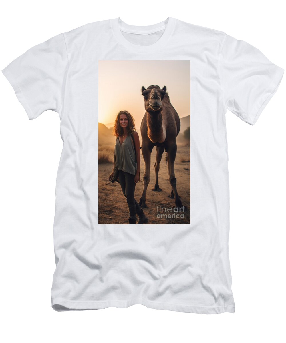 2 a Woman Standing Next to a Camelbohemiana Camel By Asar Studios Celestial Images T-Shirt