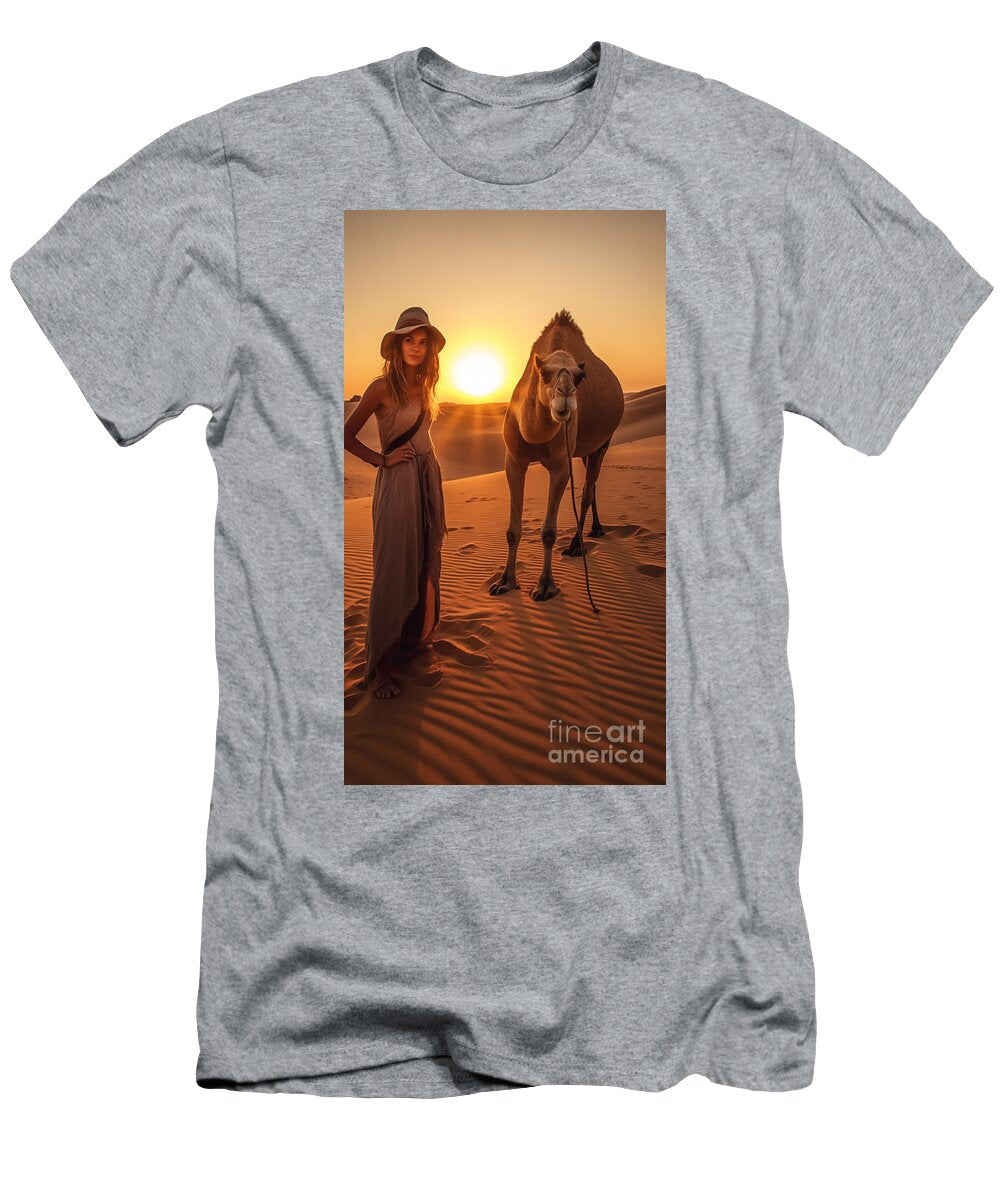 A Woman Standing Next to a Camelbohemiana Camel By Asar Studios Celestial Images T-Shirt