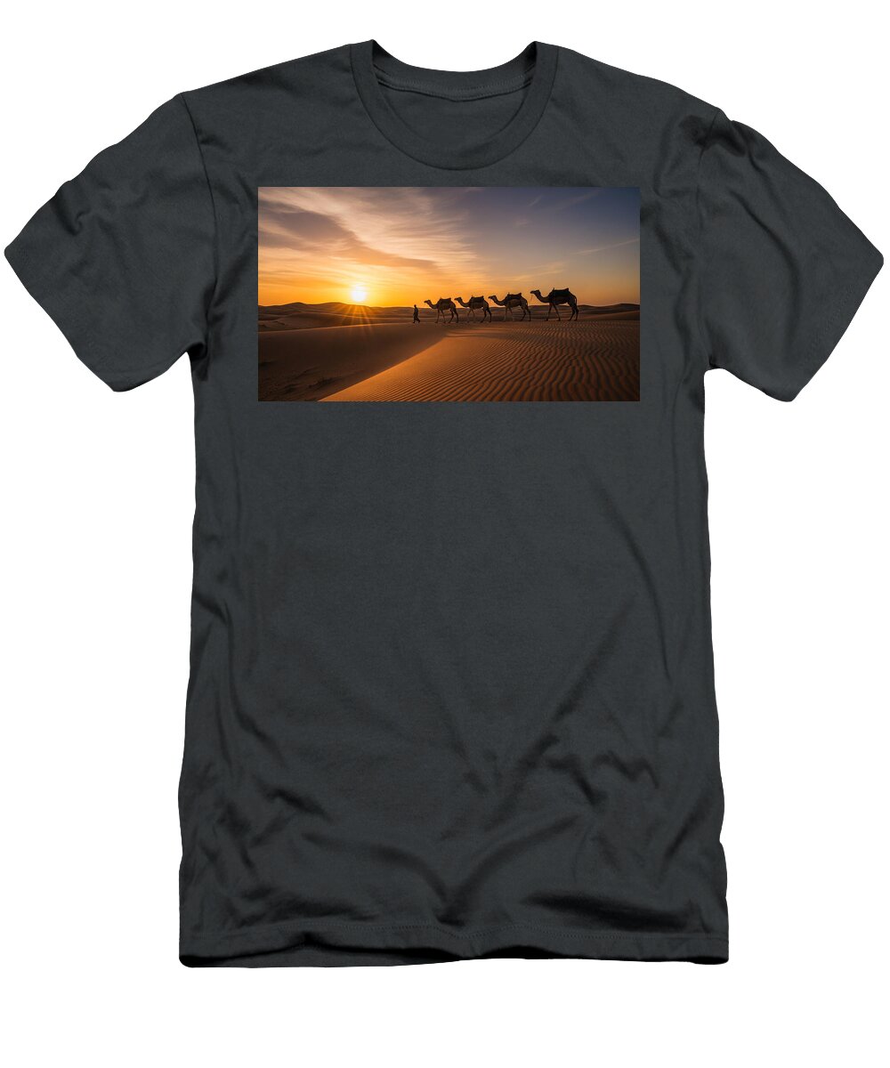 Camels Journeying Across Desert Dunes Mango Art T-Shirt