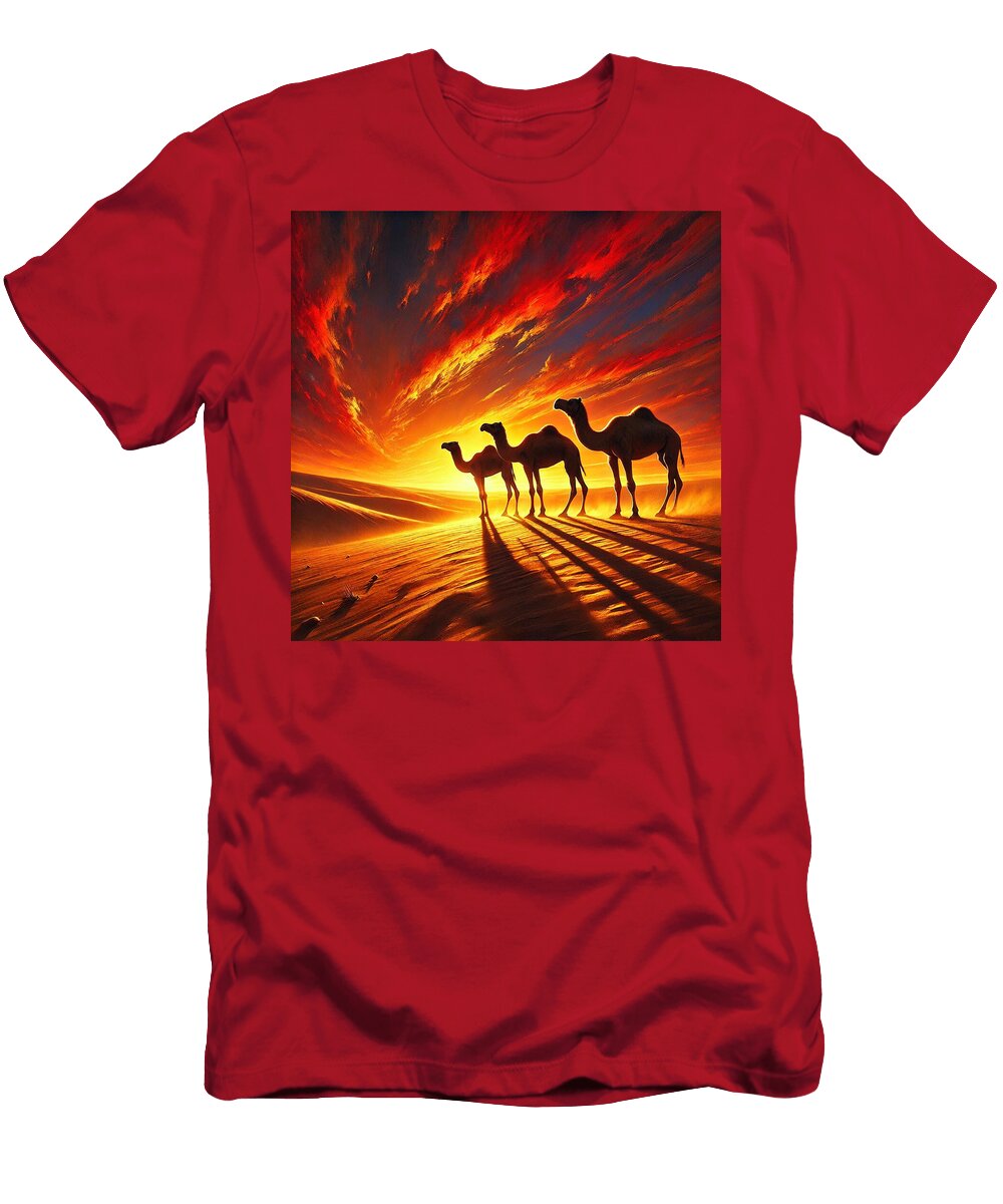 Shadows At Sunset Camels in the Desert Glow Mounir Khalfouf T-Shirt
