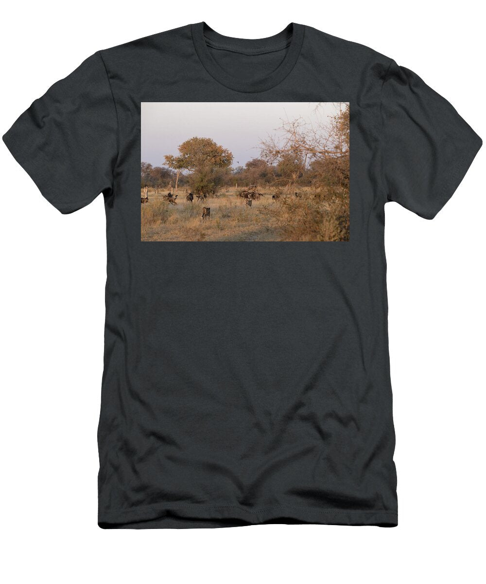 Two Cheetah Brothers Hunting Herd of Blue Wildebeests Kristel Richard Natureplcom T-Shirt